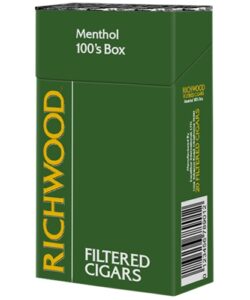 Green pack of Richwood Menthol 100s Filtered Cigars featuring yellow branding and white text.