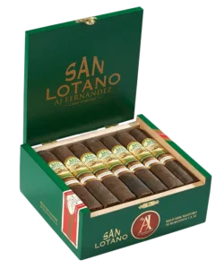 Open green box containing San Lotano Requiem Maduro cigars by AJ Fernandez