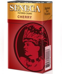 Red and gold pack of Seneca Cherry Filtered Cigars featuring a circular portrait logo.