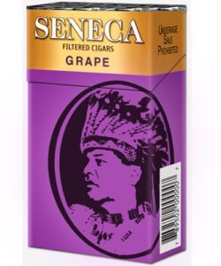 Pack of Seneca Grape Filtered Cigars featuring purple and gold packaging with a chief profile logo.