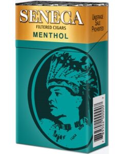 Pack of Seneca Menthol Filtered Cigars in teal green and gold featuring a Native American profile logo.