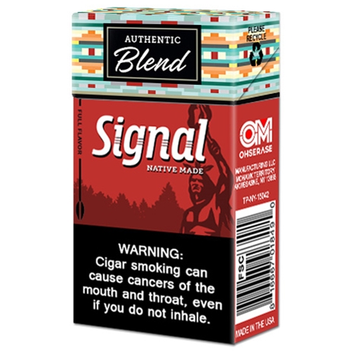 Red pack of Signal Full Flavor Filtered Cigars featuring Native Made text and geometric Authentic Blend pattern.