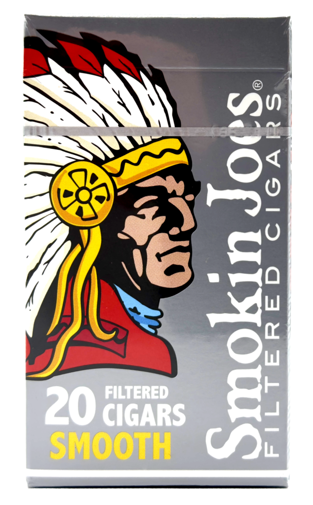 Grey pack of 20 Smokin Joes Smooth Filtered Cigars featuring the Native American chief logo.