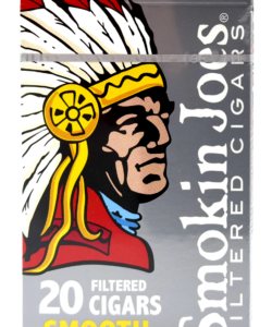 Grey pack of 20 Smokin Joes Smooth Filtered Cigars featuring the Native American chief logo.