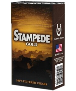 Pack of 20 Stampede Gold Mild 100s Filtered Cigars featuring a wild horse stampede graphic.
