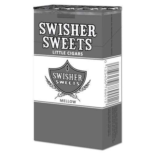 Grey pack of Swisher Sweets Mellow Filtered Little Cigars with white branding band and shield logo.