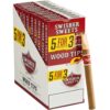 Swisher Sweets Wood Tips cigars display box featuring 5 for 3 packs alongside an individual wood tip cigar.