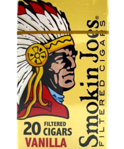 A yellow pack of 20 Smokin Joes Vanilla Filtered Cigars featuring the brand logo of a Native American chief.