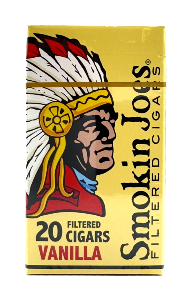 A yellow pack of 20 Smokin Joes Vanilla Filtered Cigars featuring the brand logo of a Native American chief.