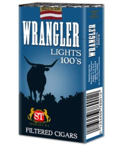 Blue pack of Wrangler Light 100s Filtered Cigars with a steer silhouette and Made in USA logo.
