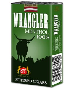 Green pack of Wrangler Menthol 100's Filtered Cigars featuring a longhorn steer silhouette.
