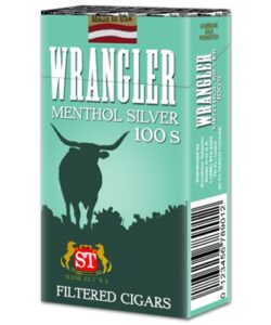 Teal pack of Wrangler Menthol Silver 100s Filtered Cigars featuring a longhorn steer silhouette.