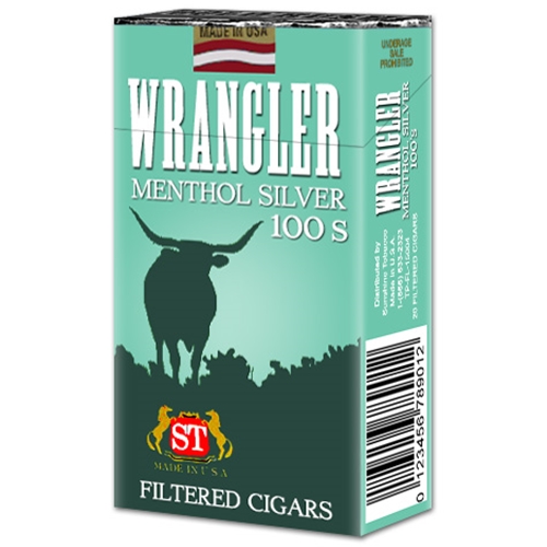 Teal pack of Wrangler Menthol Silver 100s Filtered Cigars featuring a longhorn steer silhouette.