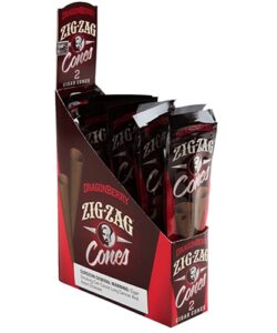 Display box of Zig-Zag DragonBerry Cigar Cones containing individual 2-cone pouches