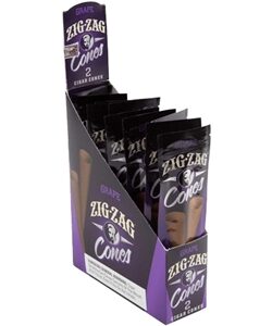 Display box of Zig-Zag Grape Cigar Cones containing individual 2-pack pouches