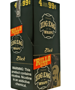 Box of Zig-Zag 'Rillo Size Premium Cigar Wraps, Black flavor, 4 wraps for 99¢