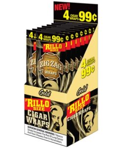Display box of Zig-Zag Gold 'Rillo Size Cigar Wraps priced at 99 cents for 4 wraps