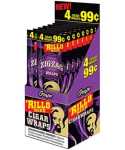 Zig-Zag Grape 'Rillo Size Cigar Wraps display box featuring 4 wraps for 99 cents