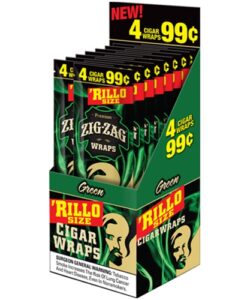 Display box of Zig-Zag 'Rillo Size Green Cigar Wraps, 4 wraps for 99 cents