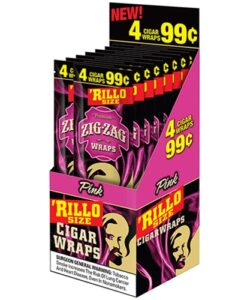 Zig-Zag 'Rillo Size Pink Cigar Wraps display box advertising 4 wraps for 99 cents