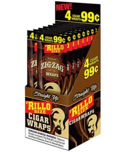 Display box of Zig-Zag Straight Up 'Rillo Size cigar wraps, featuring packages of 4 wraps for 99 cents
