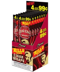 Display box of Zig-Zag 'Rillo Size Sweet Cigar Wraps, 4 cigar wraps for 99 cents