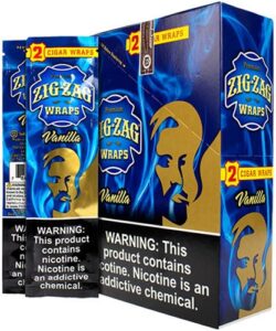 Zig-Zag Vanilla Cigar Wraps display box and individual 2-wrap foil pouches