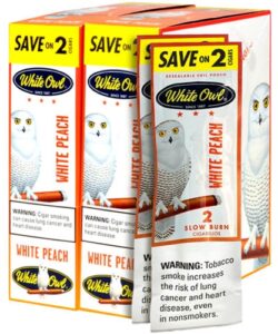 White Owl White Peach Cigarillos, box of 30 foil pouches of 2