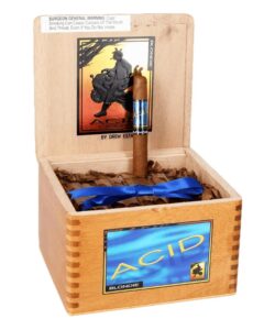 Open wooden box of Acid Blondie cigars featuring a bundle tied with a blue ribbon and one cigar standing upright.