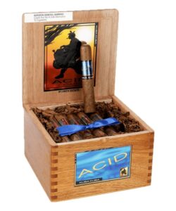 Open wooden box of 24 Acid Kuba Kuba cigars featuring blue band detailing and one cigar standing upright.