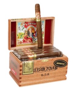 Open wooden box of Arturo Fuente Flor Fina 8-5-8 Natural cigars with one cigar standing upright.