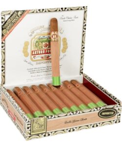 Open box of Arturo Fuente Double Chateau Natural cigars wrapped in cedar sleeves with green foot bands.