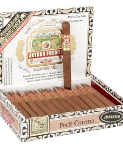 Open box of 25 Arturo Fuente Petit Corona Natural cigars with one cigar standing upright.