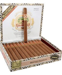 Open box of 25 Arturo Fuente Seleccion Privada #1 natural wrapper cigars with one standing upright.
