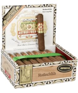 Open box of Arturo Fuente Rothschild Natural cigars handmade in the Dominican Republic with one standing upright.
