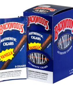 Backwoods Vanilla Authentic Cigars display box of eight 5-packs alongside an individual 5-cigar pack