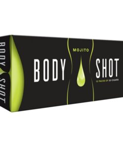 Black and green carton of Body Shot Mojito Filtered Cigars containing 10 packs of 20 cigars.