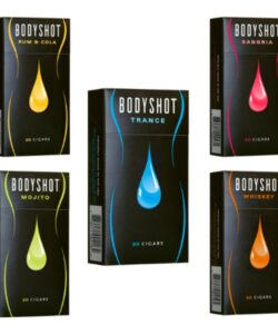 Body Shot Filtered Cigar Sampler featuring Rum & Cola, Sangria, Trance, Mojito, and Whiskey flavored packs.