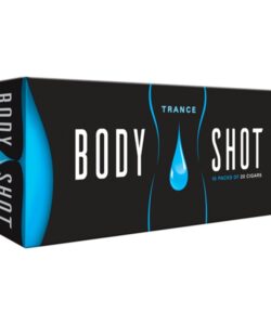 Body Shot Trance Filtered Cigars black carton box with blue droplet design, 10 packs of 20 cigars.