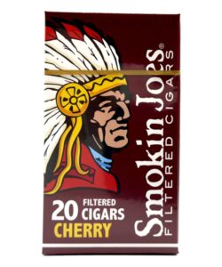 Pack of 20 Smokin Joes Cherry Filtered Cigars in a burgundy box featuring a Native American chief logo.
