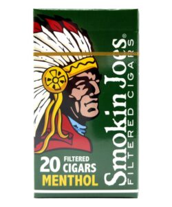 Green pack of 20 Smokin Joes Menthol Filtered Cigars featuring a Native American chief graphic.