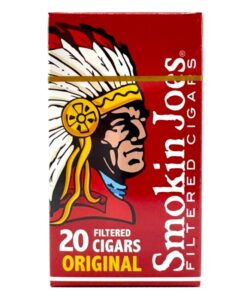 Red pack of 20 Smokin Joes Full Flavor Original Filtered Cigars featuring a Native American chief illustration.