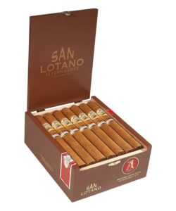 Open wooden box of San Lotano Requiem Connecticut Churchill cigars by AJ Fernandez
