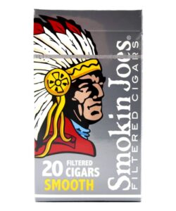 Grey pack of 20 Smokin Joes Smooth Filtered Cigars featuring the Native American chief logo.