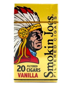 A yellow pack of 20 Smokin Joes Vanilla Filtered Cigars featuring the brand logo of a Native American chief.